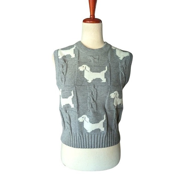 Unbranded Sweaters - Grey Cable Knit Dachshund Dog Sweater Vest Wool Blend Sleeveless Top Womens